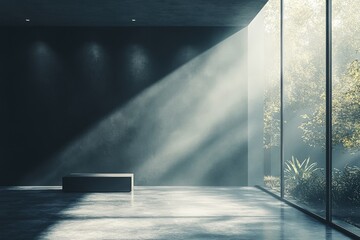 Serene Morning Glow in Contemporary Minimalist Interior with Expansive Glass Window for Captions
