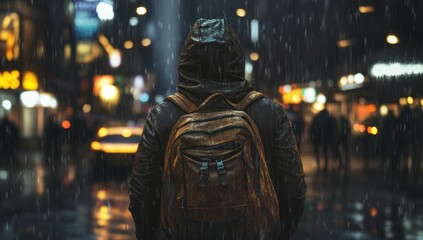 Obraz premium Rainy Night Cityscape: A Solitary Figure Walking in the Downpour