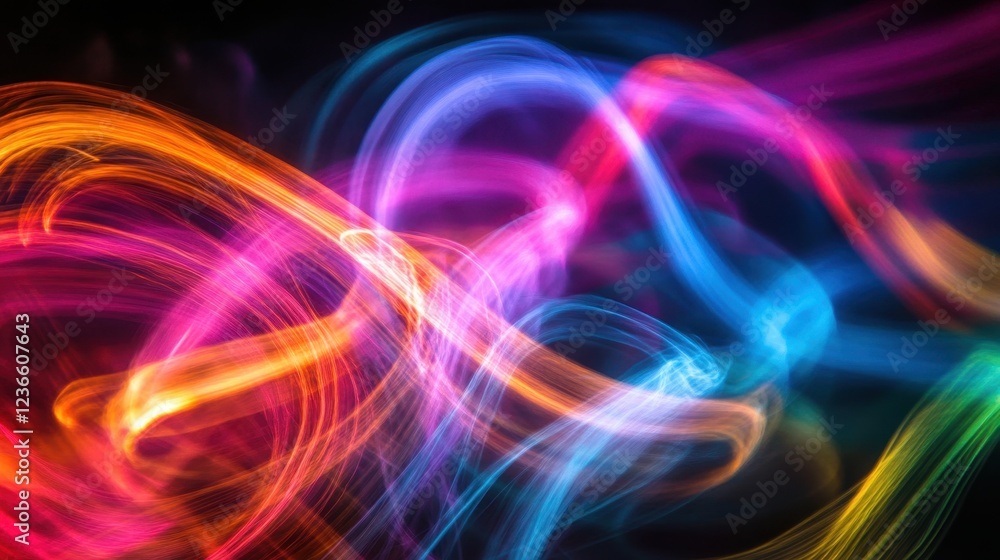 Fototapete Colorful light trails create an abstract display of vibrant hues during a nighttime artistic performance in an urban setting