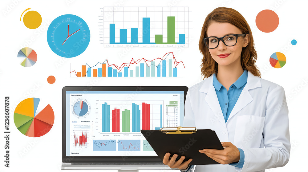 Poster data analysis presentation by business analyst in office setting featuring graphs and charts
