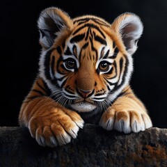 Obraz premium A close-up portrait of a majestic tiger cub with striking features and playful gaze.