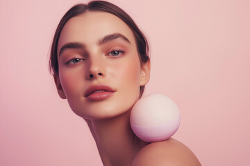 A commercial medium-full photograph of a European female model with natural-looking makeup, elegantly dressed in a cream-colored outfit. She confidently showcases the product