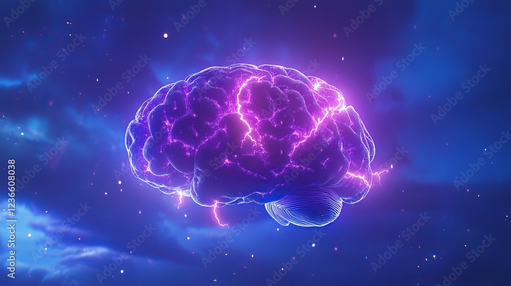 Poster conceptual representation of a human brain surrounded by bright lightnings signifying ideas innovati