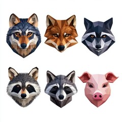 A collection of stylized animal heads in a geometric design.