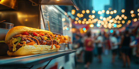 Colorful food truck illuminated by string lights at night. Selling snacks and drinks at music festival. Catering at city fair.