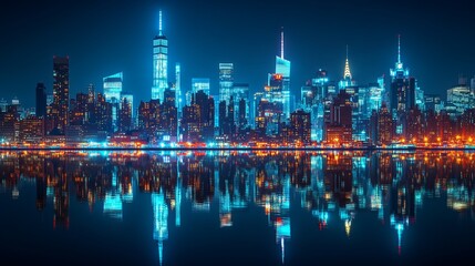 Obraz premium Enchanting City Skyline at Night Illuminated by Dazzling Lights and Reflections Creating a Vibrant Urban Atmosphere with Skyscrapers and a Starry Sky Capturing the Essence of City Life