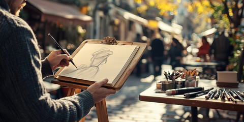 Artist sketching on lively street of small European town on sunny summer evening. Scenic city view, man expressing himself in art.