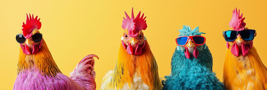 Funny trendy chickens wearing fancy clothes on vivid yellow background. Celebrating Easter. Funny Easter banner.