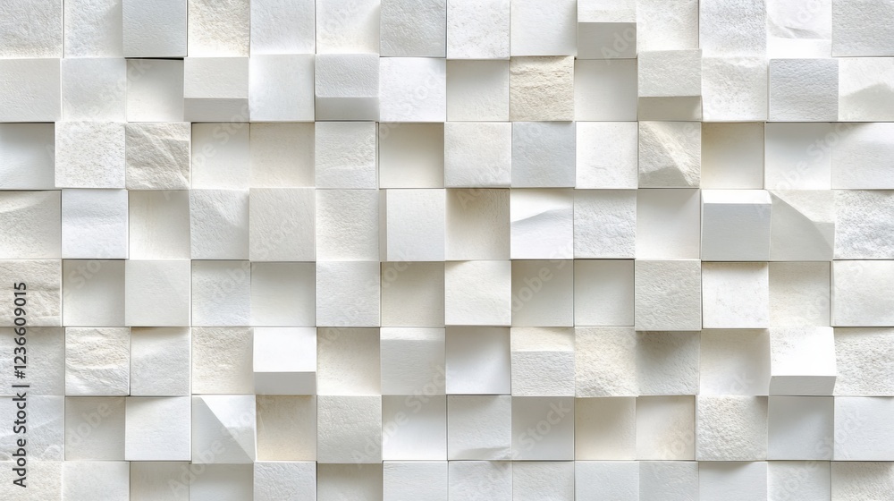 Poster minimalist artistic composition of a white wall adorned with multiple squares of white paper creatin