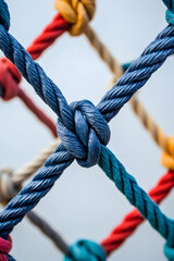 Collective effort and unity in teamwork, represented by diverse ropes connected in interdependence  -  