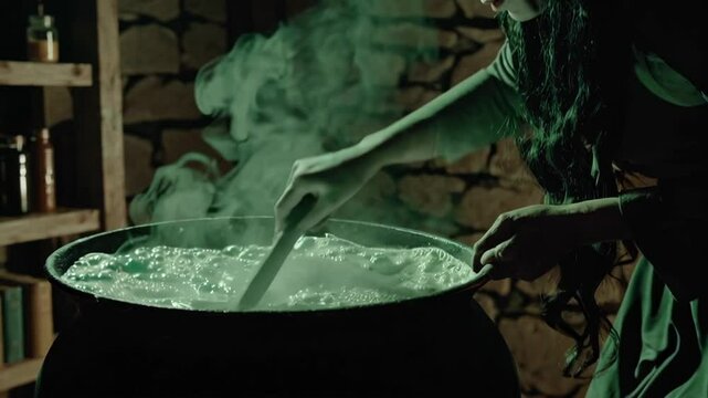 Mysterious witch brewing a magical potion