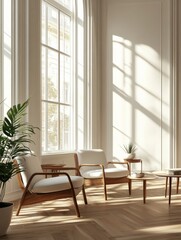 Fototapeta premium Clean coworking office interior with furniture and daylight. Workplace concept. 3D Rendering.