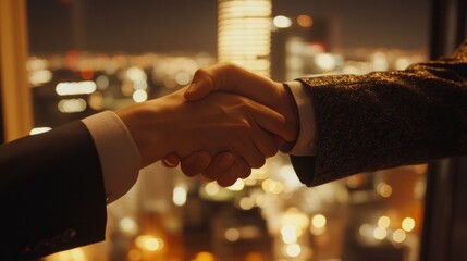 A close-up of two hands shaking, symbolizing the handshake between business people in an office setting. 