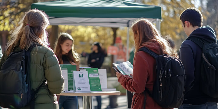 Mental health awareness campaign booth at a college campus, with volunteers handing out informational brochures and talking to students.