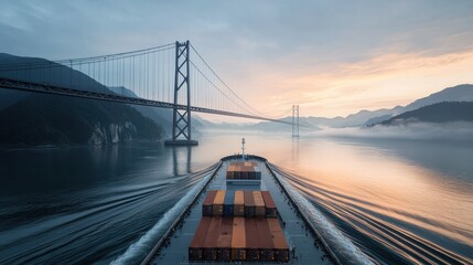 Obraz premium A cargo ship sailing under a bridge at dawn, reflecting serene waters and misty mountains.
