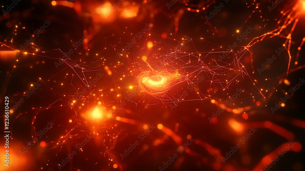 Poster abstract glowing network of interconnected particles with warm colors