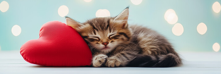 Tender Valentine’s scene with a cute kitten resting next to a red heart on a delicate blue pastel background with bokeh.