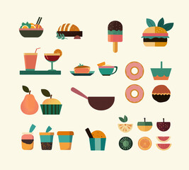 A set of simple isolated illustrations of ready to eat foods loaded with carbs. A collection of food clip-art including ice-cream, fruit, a hamburger, donuts. AI-generated