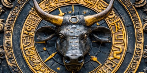 Obraz premium Taurus zodiac sign, ornate gold circular design, mystical background, astrology concept.