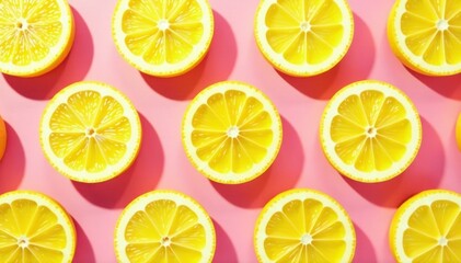 Fototapeta premium Pink background, halved lemons arranged in a repeating design , geometric, design