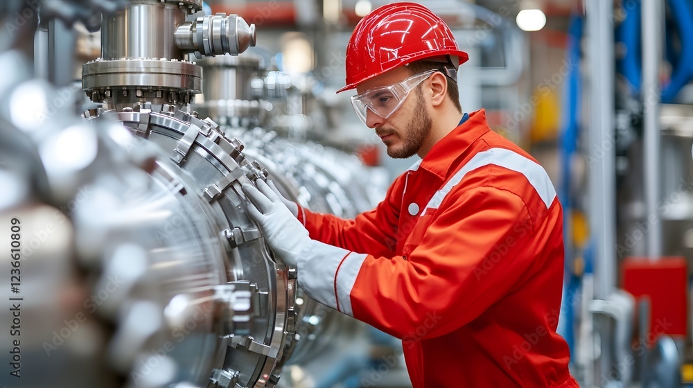 Aufkleber technician inspecting machinery in a factory environment after lubricant application for control