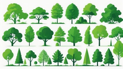 Fototapeta premium Set of trees with green leaves on a white background. Illustration