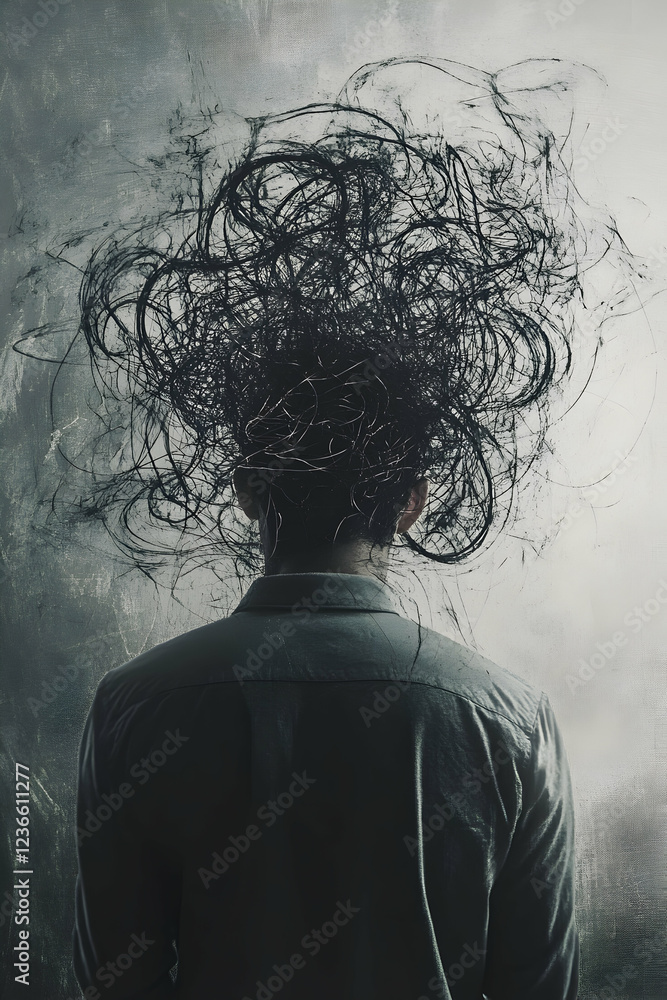 Poster complex problem solving concept with a man facing tangled thoughts, visualizing creative solutions -
