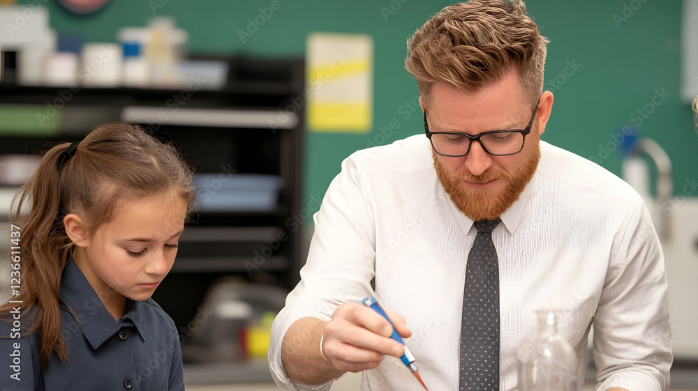Aufkleber teacher assisting students with science experiment in classroom setting