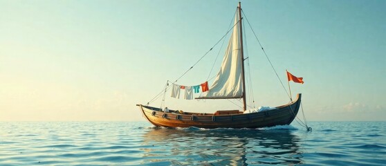 Fototapeta premium Sailing boat with hanging clothes in the rear , natural elements, ocean breeze, sailing boats