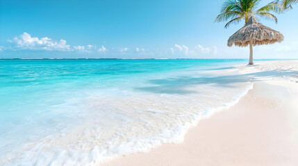Tropical beach paradise palm, ocean waves, white sand. Travel brochure