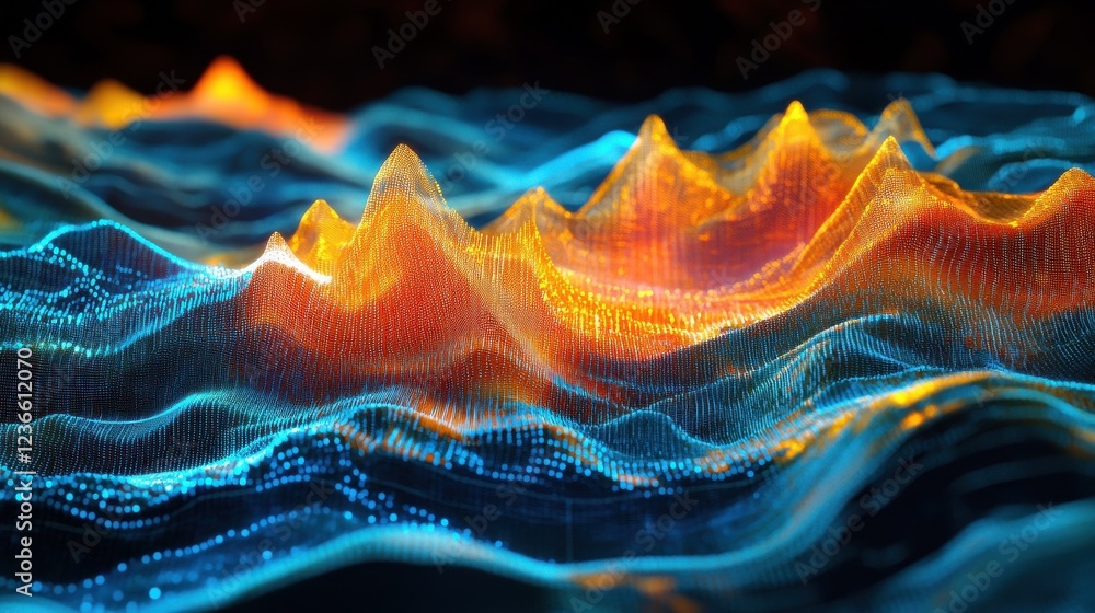 Poster a vibrant digital graphic depicting a rising data graph with blue lines and orange peaks, representi