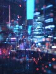 Fototapeta premium Abstract glowing big data forex candlestick chart on blurry city backdrop. Trade, technology, investment and analysis concept. Double exposure