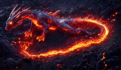 Lava Dragon: A fiery creature resting on volcanic rocks