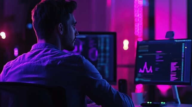Software Engineer, Statistician, Visualizer and Analyst working on a project. Big data conference, big data presentation, data science concept. Website vibrant violet landing web page template.