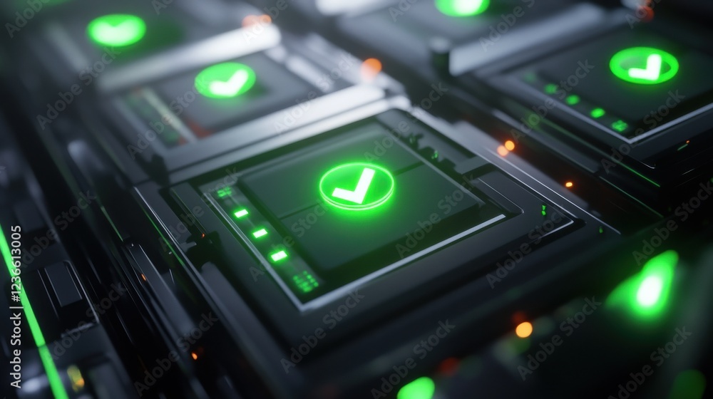 Poster a futuristic data center with illuminated servers, featuring green checkmarks indicating successful 