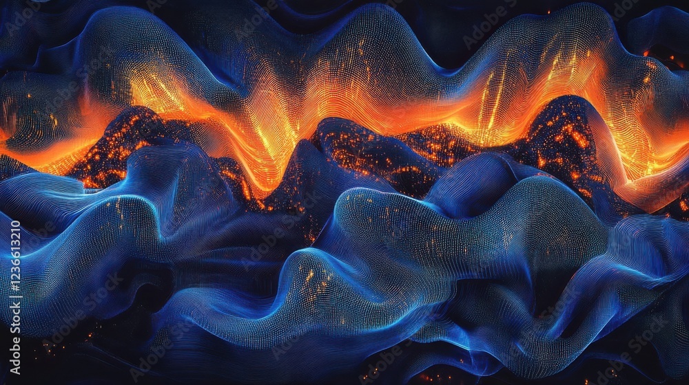 Poster A vibrant visualization of digital data streams, showcasing blue and orange patterns against a dark background, symbolizing technology and connectivity.