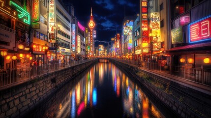 Night in Dotonbori, Osaka: Vibrant Neon Lights Reflecting on Calm Canal Waters