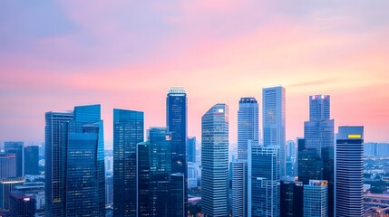 Obraz premium Futuristic City Skyline Illuminated at Dusk with Towering Glass Skyscrapers