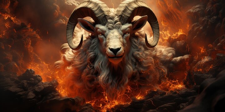 Fiery Ram, volcanic landscape, digital art, fantasy.