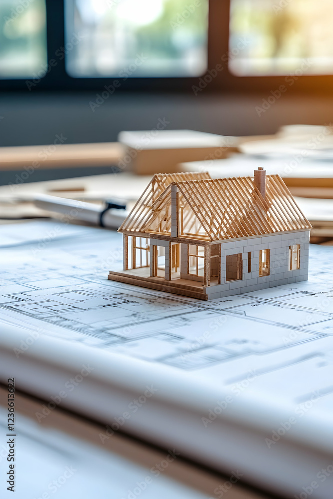 Poster construction plans with building blocks and a house model, showcasing architectural design and proje