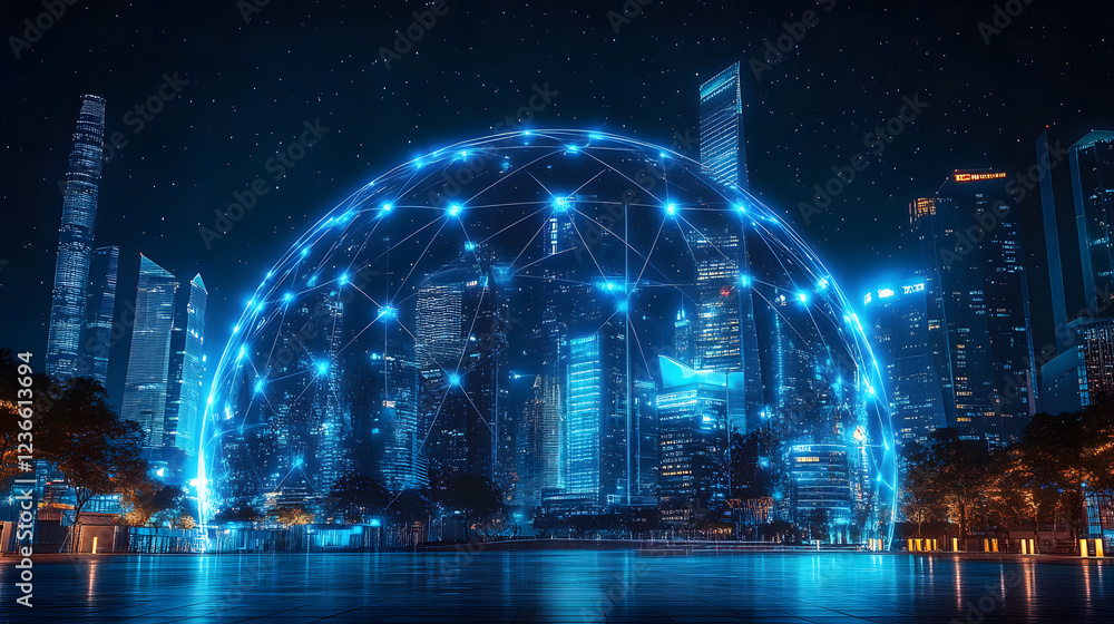 Wall mural Information and communication technologies network and smart city concept with night skyscrapers landscape under glowing digital dome from illuminated lines