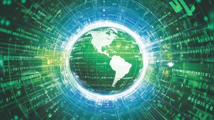 A digital globe with light green and white accents, surrounded by binary code and lines of data representing global network connections.