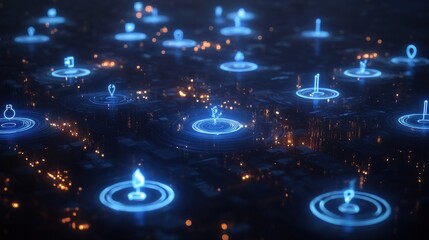 Innovative business connections. glowing icons representing b2b concepts over a night cityscape