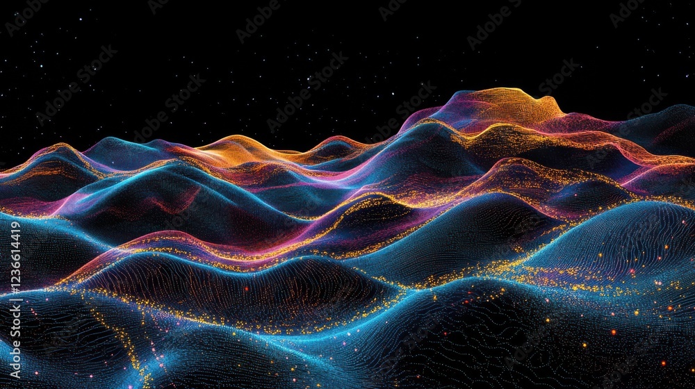 Poster abstract digital wave landscape with vibrant lines and dots representing data visualization and tech