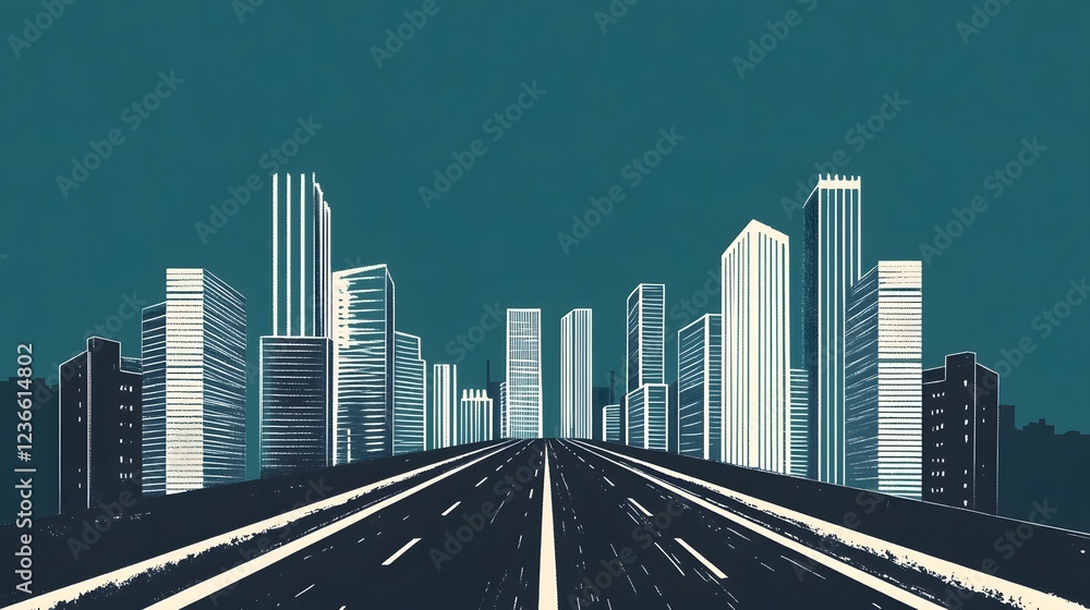 Poster layered city skyline with intricate line art and dimensional structures