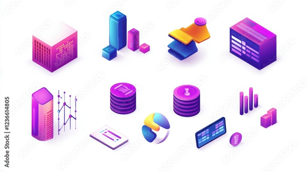 Poster big data metaphors icons set. large amount of information storage, sharing, analysis and processing.
