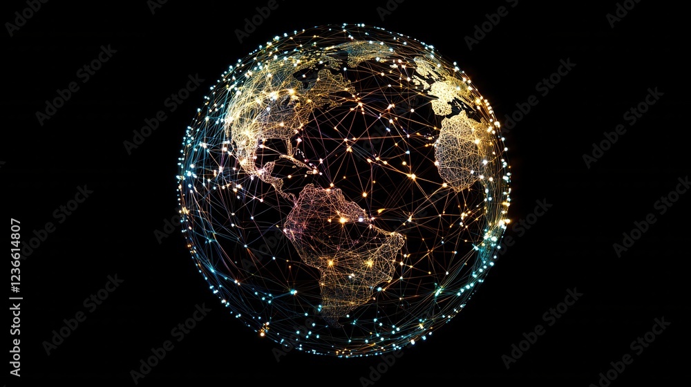 Poster abstract digital globe symbolizing global connectivity, featuring a network of connections and float