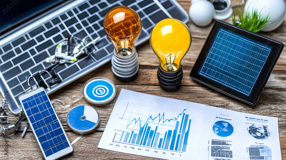 Poster analyzing data trends using technology tools home office infographic digital workspace aerial view i