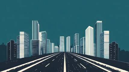 Layered City Skyline with Intricate Line Art and Dimensional Structures