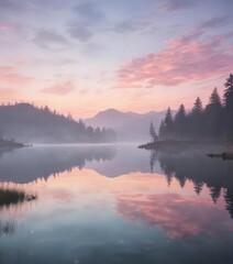 Obraz premium Soft pastel colors of dawn reflected in still lake under a dreamy sky, misty water, dawn sky, sunrise, pastel hues, peaceful setting